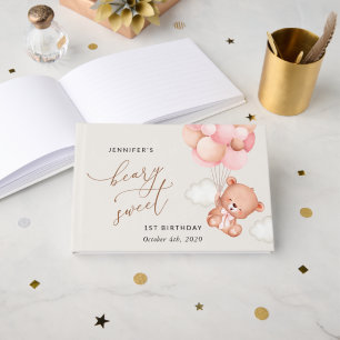 Baby Bear, rosa Balloons, erster Geburtstag Gästebuch