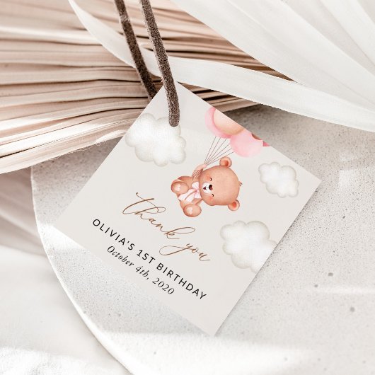 Baby Bear, rosa Balloons, erster Geburtstag Geschenkanhänger