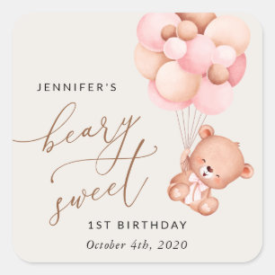 Baby Bear, rosa Balloons, erster Geburtstag Quadratischer Aufkleber