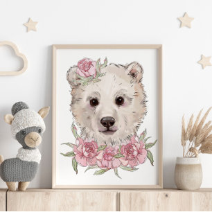 Baby Bear Rose Animal Poster   Wall Print