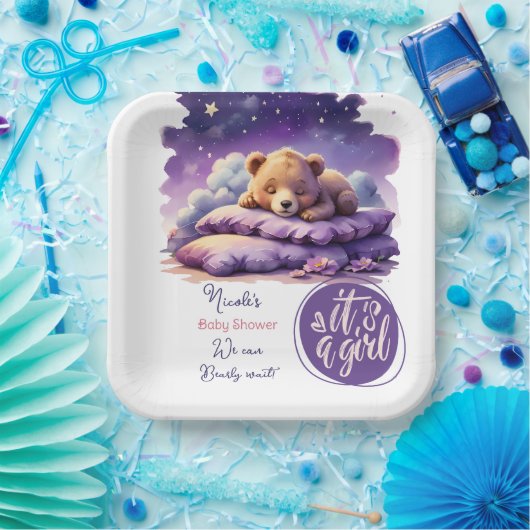 Baby Bear Schlafen Lila Galaxy Girl Babydusche Pappteller (Party)