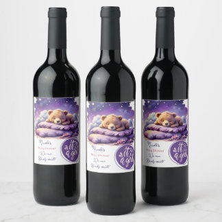 Baby Bear Schlafen Lila Galaxy Girl Babydusche Weinetikett