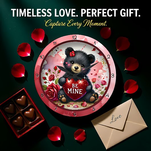 Baby Bear Valentine Red Heart Große Wanduhr