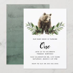 Baby Bear Watercolor Woodland Erster Geburtstag Einladung