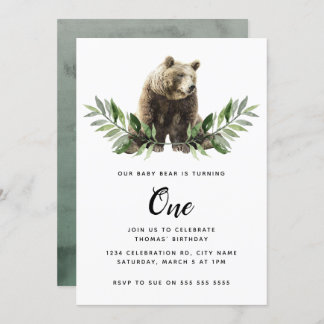 Baby Bear Watercolor Woodland Erster Geburtstag Einladung