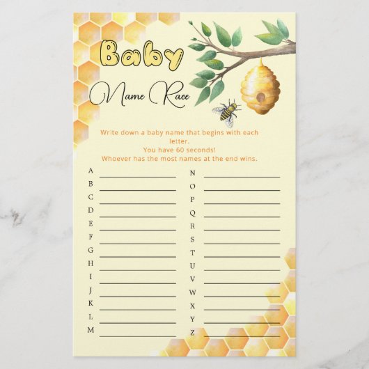Baby Bee Baby Shower Baby Name Race Game (Vorderseite)