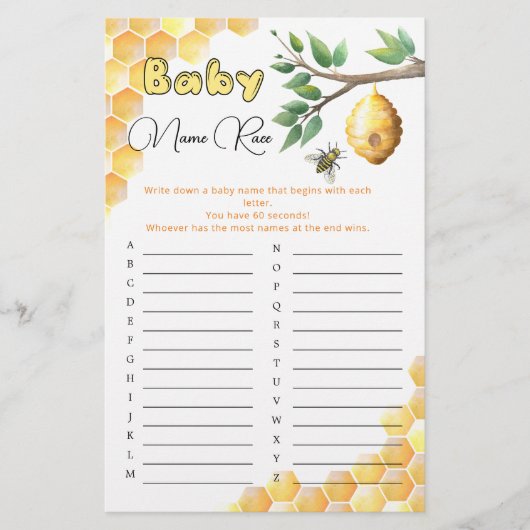 Baby Bee Baby Shower Baby Name Race Game (Vorderseite)