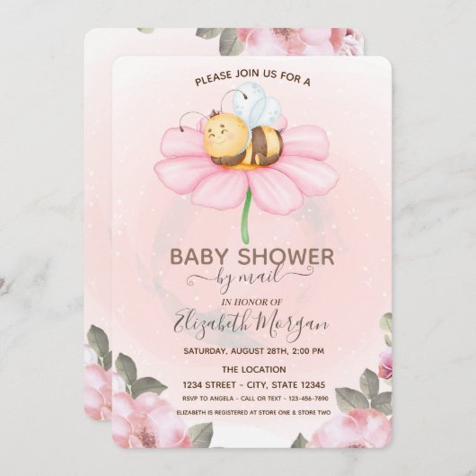 Baby Bee Floral Baby Shower Einladung (Vorne/Hinten)