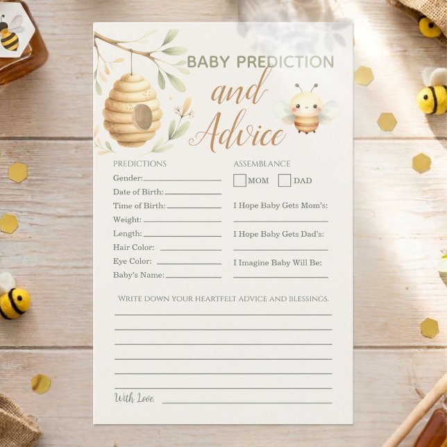 Baby Bee Vorhersage- und Ratskarte für ihn oder si (Baby Prediction and Advice Baby Shower Game. He or She? What Will Baby Bee? Gender Reveal)