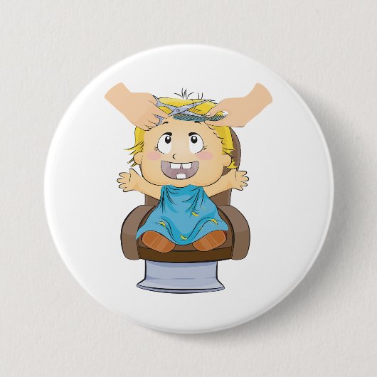 Baby bekommen Haarschnitt Funny Kids Friseur Shop Button (Vorderseite)