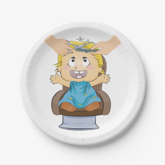 Baby bekommen Haarschnitt Funny Kids Friseur Shop Pappteller (Vorderseite)