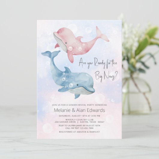 Baby Beluga Whale Gender Reveal Party Einladung (Stehend Vorderseite)