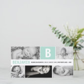 Baby Big Initial 5 Multi Foto Mint Green Birth Ankündigung (Stehend Vorderseite)