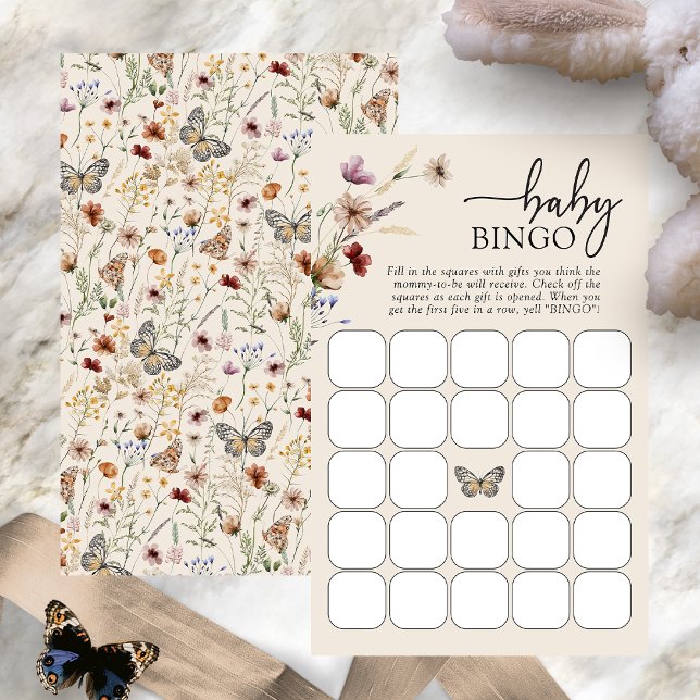 Baby Bingo Game (Boho Wildflower Baby Bingo Game Card with Butterfly by Painted Paperie
)