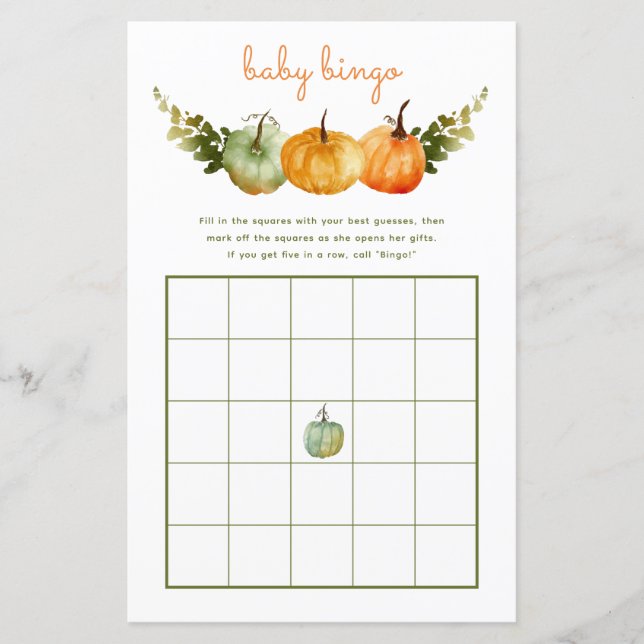 Baby Bingo Game November Pumpkin Fall Baby Dusche (Vorderseite)