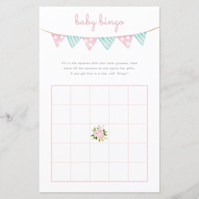 Baby Bingo Game - Rosa Blume Party Babydusche (Vorderseite)