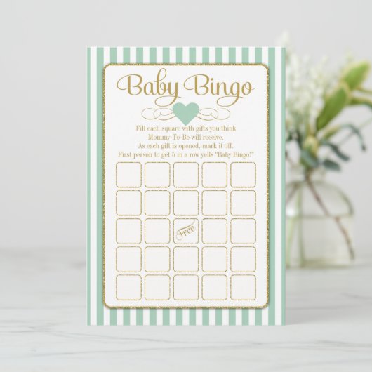 Baby Bingo Mint Green Gold Baby Showkarten Einladung (Stehend Vorderseite)