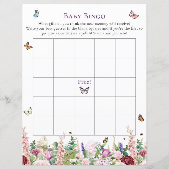 Baby Bingo | Pink Lila Floral & Butterfly Game (Vorderseite)