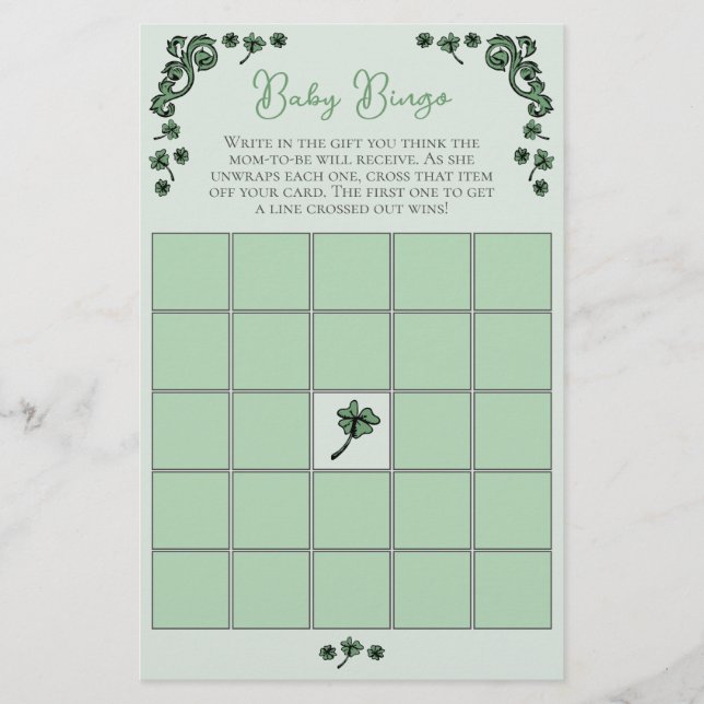 Baby Bingo St Patrick's Day Baby Shower Game Card (Vorderseite)