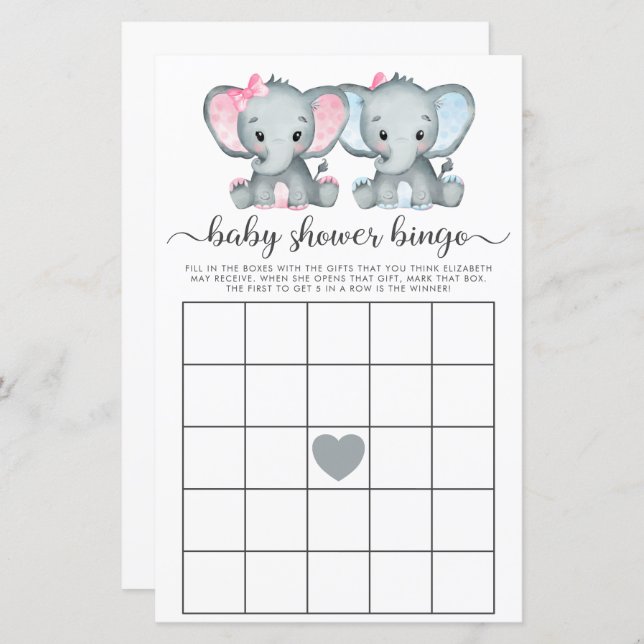 Baby Bingo Twin Girl Boy Elephant Shower Game (Vorne/Hinten)