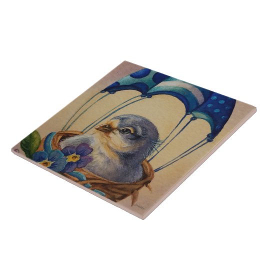 Baby Bird Fledgling Blue Parachute Wasserfarbe Kun Fliese (Seite)