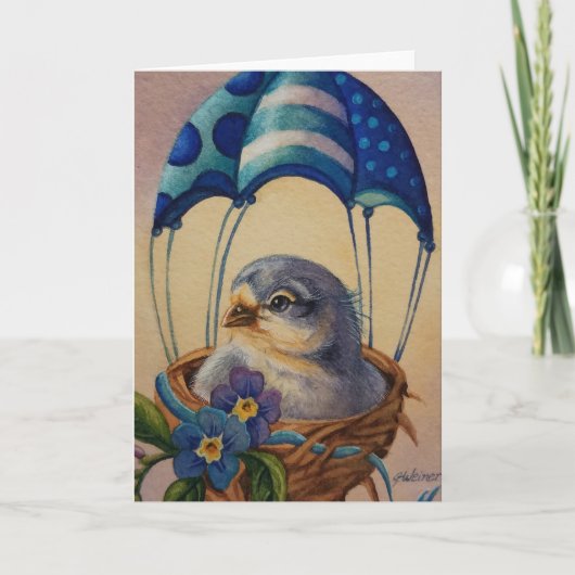 Baby Bird Fledgling Blue Parachute Wasserfarbe Kun Karte (Vorderseite)