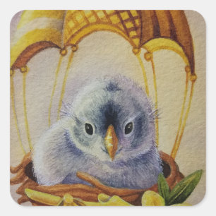 Baby Bird Fledgling Gelber Fallschirm Wasserfarbe Quadratischer Aufkleber