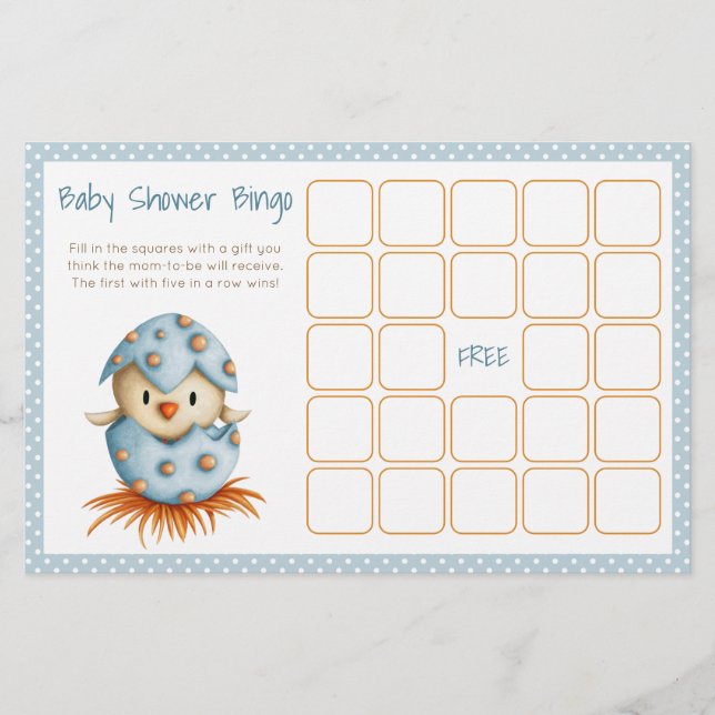Baby Bird mit Blue Baby Dusche Bingo Card (Vorderseite)