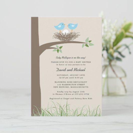 Baby Bird's Nest - Gay Couple Baby Shower Einladung (Stehend Vorderseite)