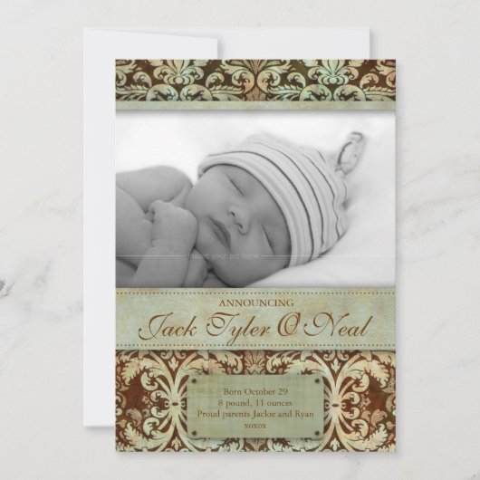 Baby Birth Ankündigung Vintag Brown Green (Vorderseite)