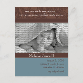 Baby Birth Announcement Aquamarin und Kakao Ankündigungspostkarte
