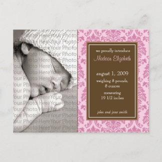 Baby Birth Announcement Baroque Vintag Pink Ankündigungspostkarte
