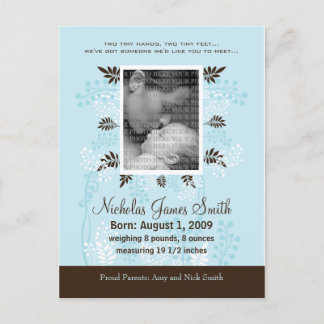 Baby Birth Announcement Blue mit Cocoa Fern Ankündigungspostkarte