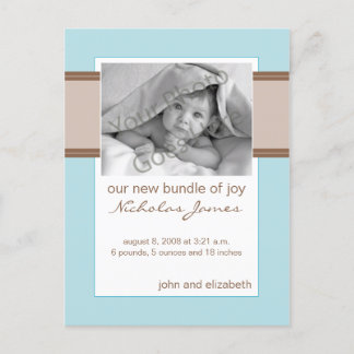 Baby Birth Announcement Brown and Blue Ankündigungspostkarte