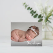 Baby Birth Announcement Danke White Script Postkarte (Stehend Vorderseite)