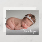 Baby Birth Announcement Danke White Script Postkarte (Vorne/Hinten)