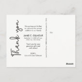 Baby Birth Announcement Danke White Script Postkarte (Rückseite)