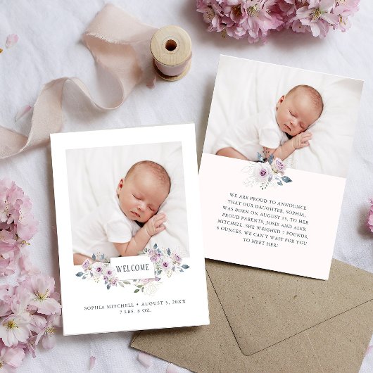 Baby Birth Announcement | florales verziertes Foto Einladung