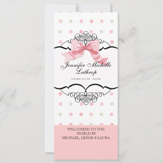 Baby Birth Announcement - French Bow Dot Swirl Ankündigung (Vorderseite)