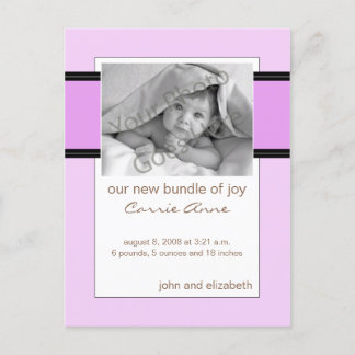 Baby Birth Announcement Lila und schwarz Ankündigungspostkarte