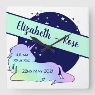 Baby Birth Announcement Niedlich Rainbow Unicorn O Quadratische Wanduhr