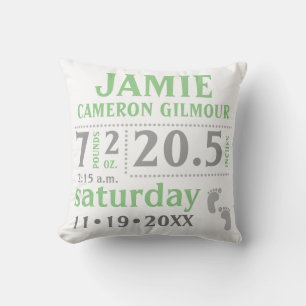 Baby Birth Announcement Pillow Green Kissen