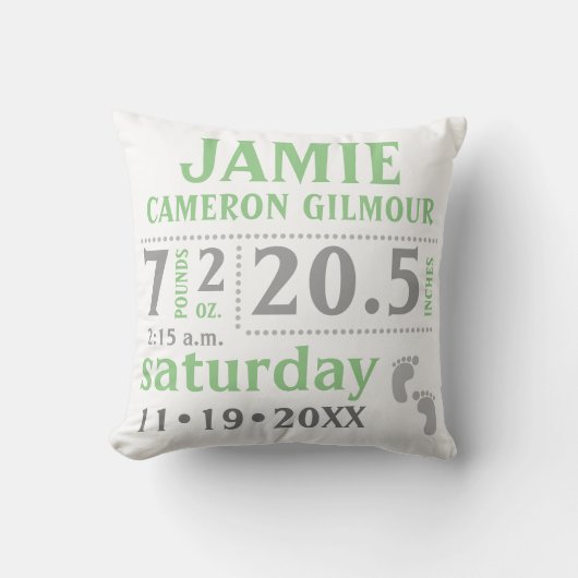 Baby Birth Announcement Pillow Green Kissen (Vorderseite)