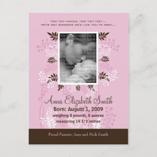 Baby Birth Announcement Pink mit Kakaofutter Ankündigungspostkarte