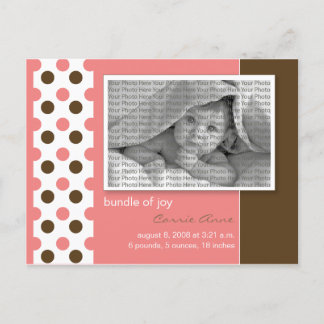 Baby Birth Announcement Pink Polka dots Ankündigungspostkarte