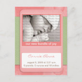 Baby Birth Announcement Pink Polka Dots Ankündigungspostkarte (Vorderseite)