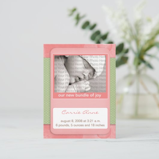 Baby Birth Announcement Pink Polka Dots Ankündigungspostkarte (Stehend Vorderseite)
