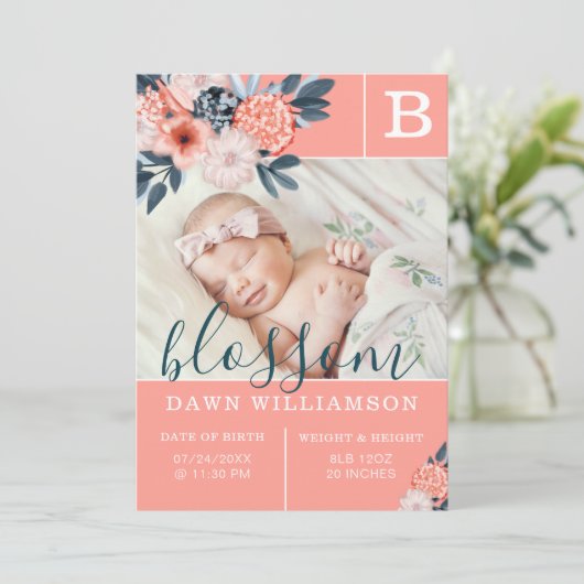 Baby Birth Announcement | Rosa Blume Ankündigung (Stehend Vorderseite)