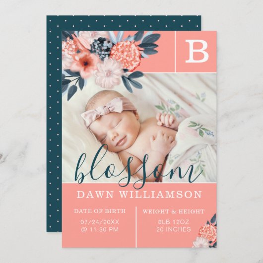 Baby Birth Announcement | Rosa Blume Ankündigung (Vorne/Hinten)