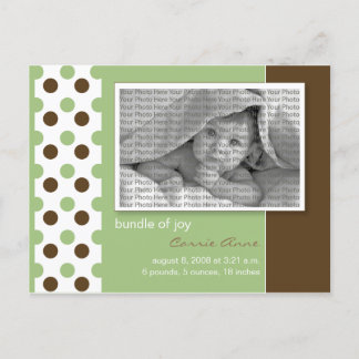 Baby Birth Announcement Sage Green Polka Dots Ankündigungspostkarte